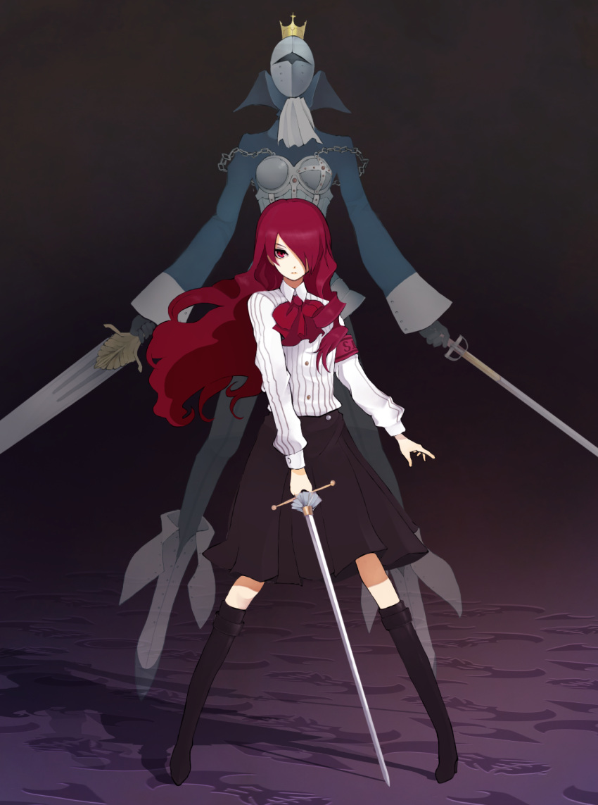 armor, ascot, bad_id, boots, bow, chain, crown, dual_wielding, gloves, hair_over_one_eye, high_heels, highres, kirijou_mitsuru, knee_boots, long_hair, mask, monorino, penthesilea, penthisela, persona, persona_3, pleated_skirt, rapier, red_eyes, red_hair, redhead, school_uniform, shadow, shoes, skirt, standing, sword, wavy_hair, weapon, wind