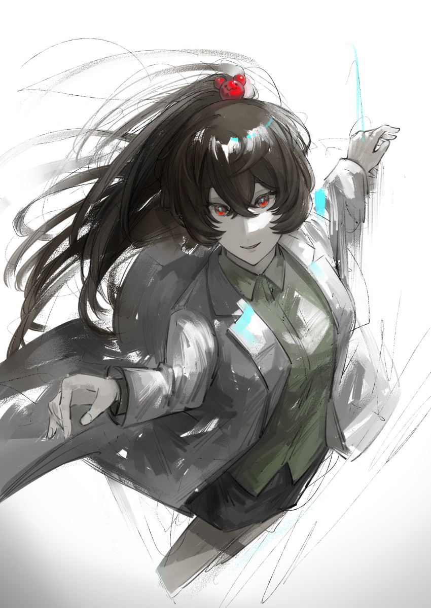 1girl, bear_hair_ornament, black_skirt, brown_hair, carmen_(project_moon), coat, collared_shirt, green_shirt