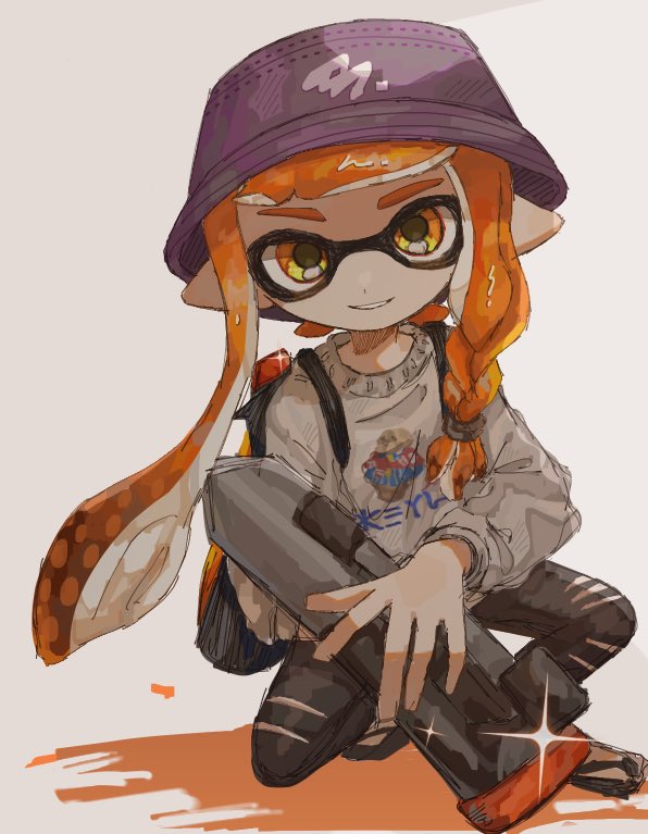 1girl, black_headwear, black_pants, commentary_request, dot_nose, grey_sweater, gun, hat, hwtr_06, ink_tank_(splatoon), inkling, inkling_girl, long_hair, looking_at_viewer, orange_hair, pants, pointy_ears, s-blast_'92_(splatoon), simple_background, smile, solo, splatoon_(series), squatting, sweater, teeth, tentacle_hair, torn_clothes, torn_pants, weapon, white_background, yellow_eyes