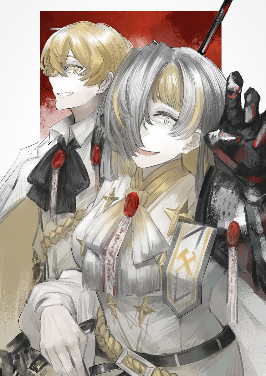 1boy, 1girl, arm_up, armor, ascot, belt, black_ascot, black_belt, blonde_hair, gauntlets, highres, kromer_(project_moon), limbus_company, multicolored_hair, pauldrons, project_moon, s661479361148, shirt, shoulder_armor, sinclair_(project_moon), streaked_hair, white_ascot, white_eyes, white_hair, white_shirt, yellow_eyes