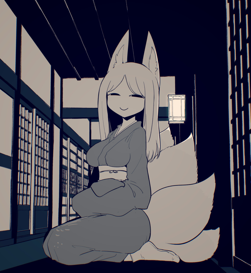 1girl, :>, animal_ears, architecture, east_asian_architecture, fox_ears, fox_girl, fox_tail