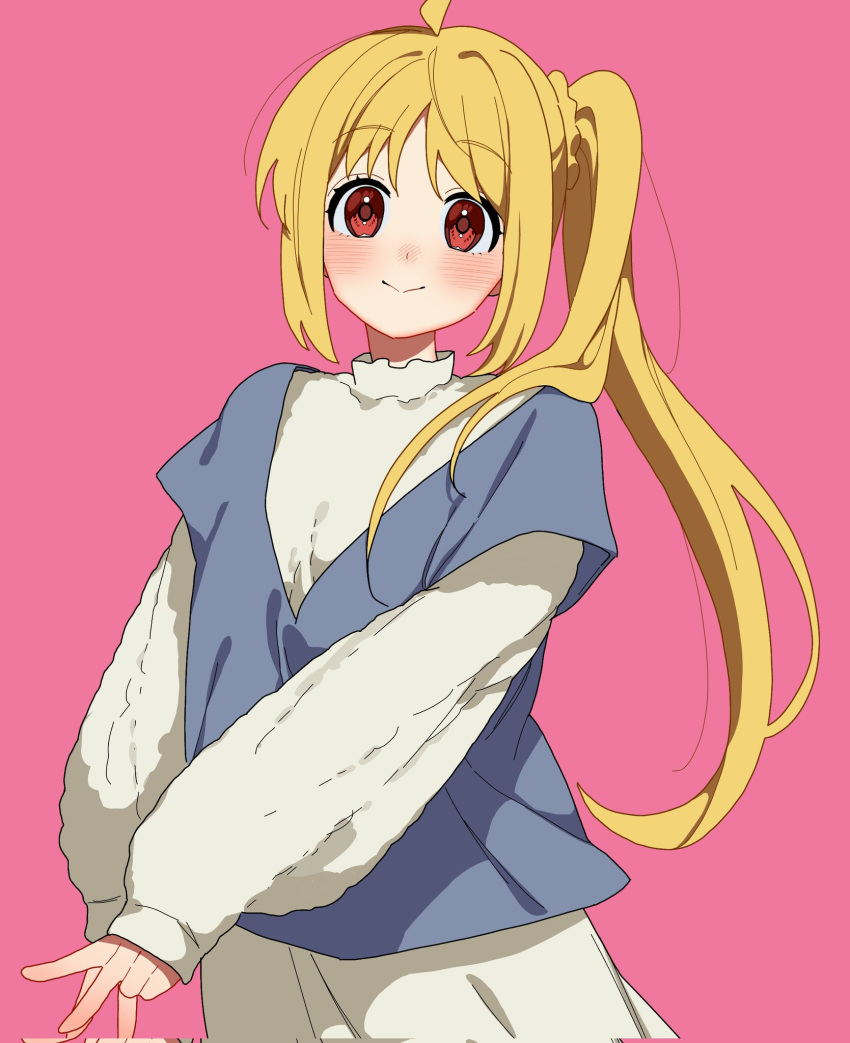 1girl, ahoge, alternate_costume, blonde_hair, blue_shirt, blush, bocchi_the_rock!, closed_eyes