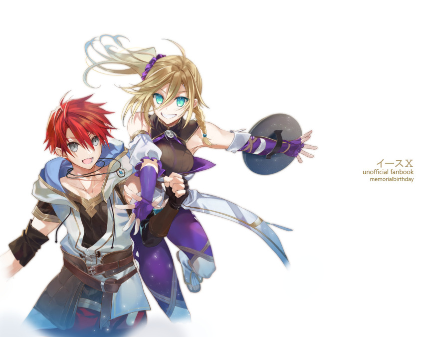 1boy, 1girl, adol_christin, ahoge, arm_shield, black_gloves, blonde_hair, commentary_request