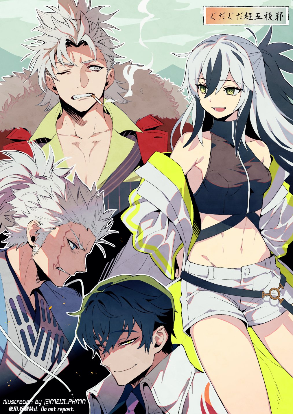 black_hair, black_shirt, character_request, cigarette, coat, crazy_eyes, fate/grand_order, fate_(series), fur-trimmed_coat, fur_trim, hair_slicked_back, half_updo, haori, highres, itou_kashitarou_(fate), jacket, jacket_on_shoulders, japanese_clothes, meiji_ken, midriff, multicolored_hair, nagakura_shinpachi_(fate), nagao_kagetora_(fate), navel, necktie, ponytail, scar, scar_on_cheek, scar_on_face, shinsengumi, shirt, short_shorts, shorts, striped, striped_jacket, striped_suit, suit, takeda_shingen_(fate), two-tone_hair, white_hair