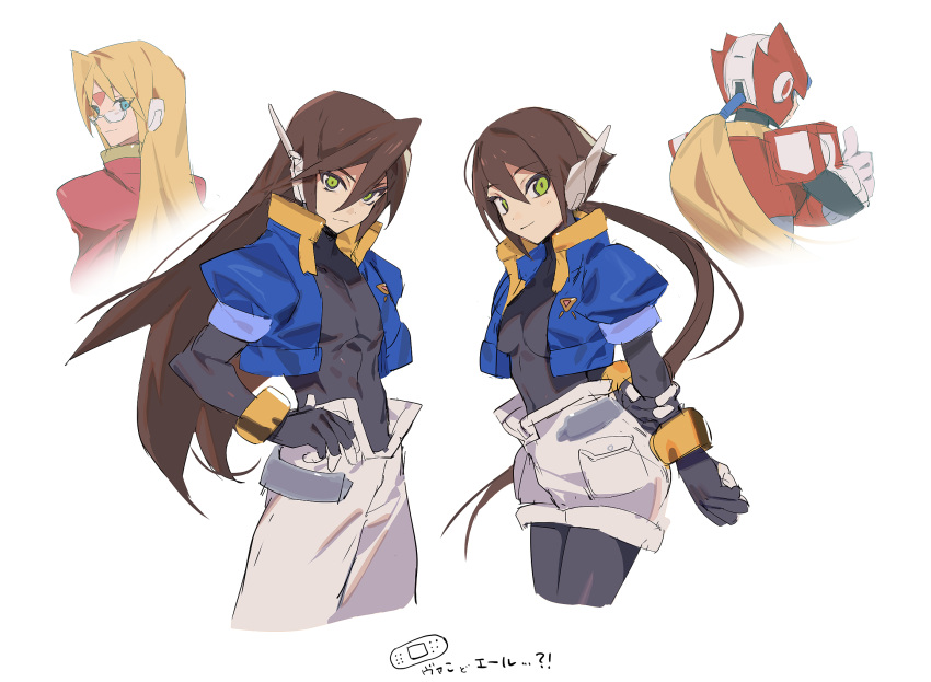 1girl, 3boys, aile_(mega_man_zx), arms_behind_back, black_bodysuit, blonde_hair, blue_jacket, bodysuit