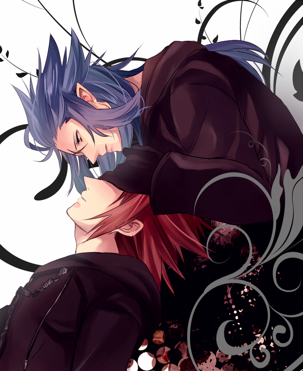 2boys, axel_(kingdom_hearts), black_coat, black_coat_(kingdom_hearts), black_gloves, blue_hair, coat, commentary_request