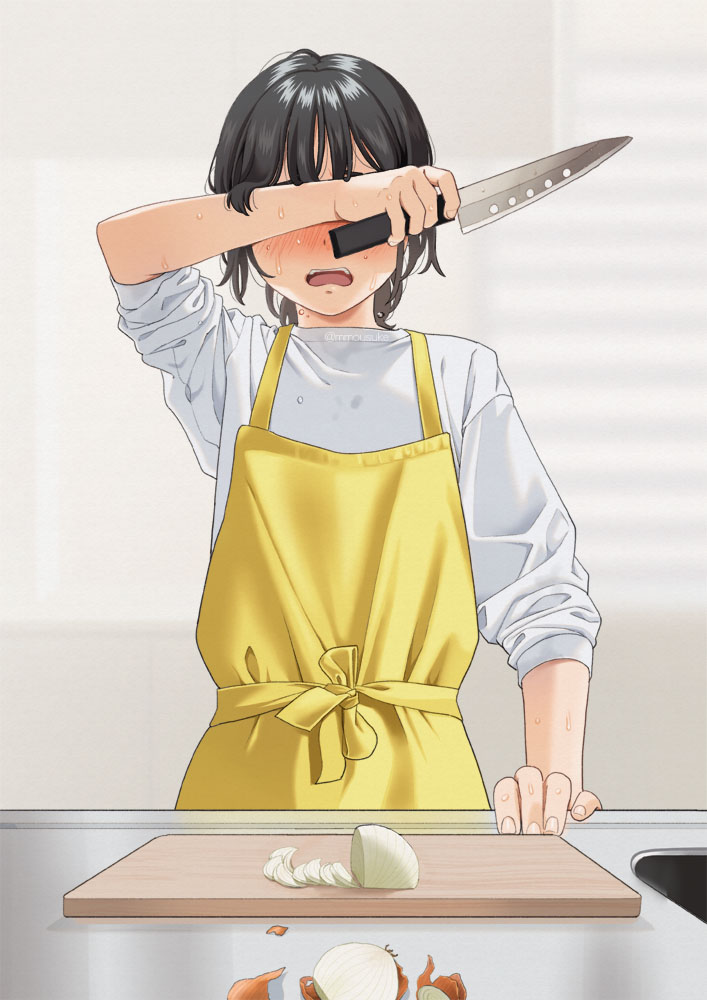 1girl, apron, blurry, blurry_background, blush, covered_eyes, cutting_board, cutting_onions