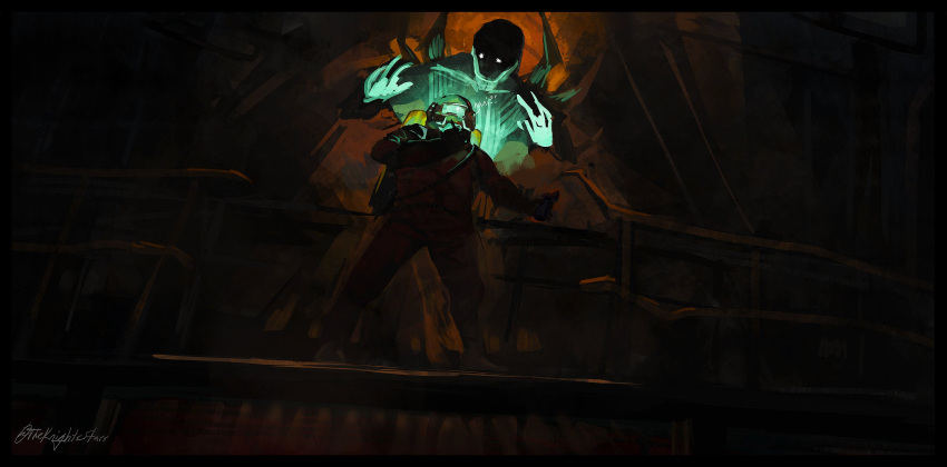 1other, bodysuit, bracken_(lethal_company), dark, eyed_silhouette, flashlight, glowing, glowing_eyes