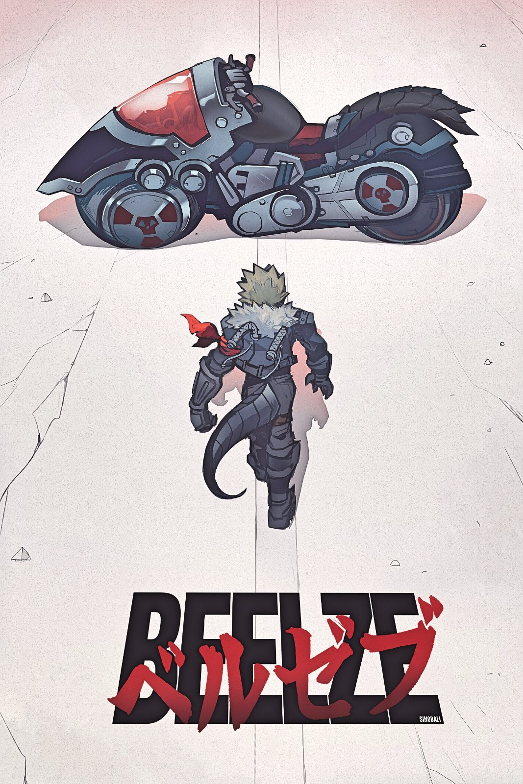 1boy, akira_(manga), akira_movie_poster, bandana_around_arm, beelzebumon, blonde_hair, character_name, digimon