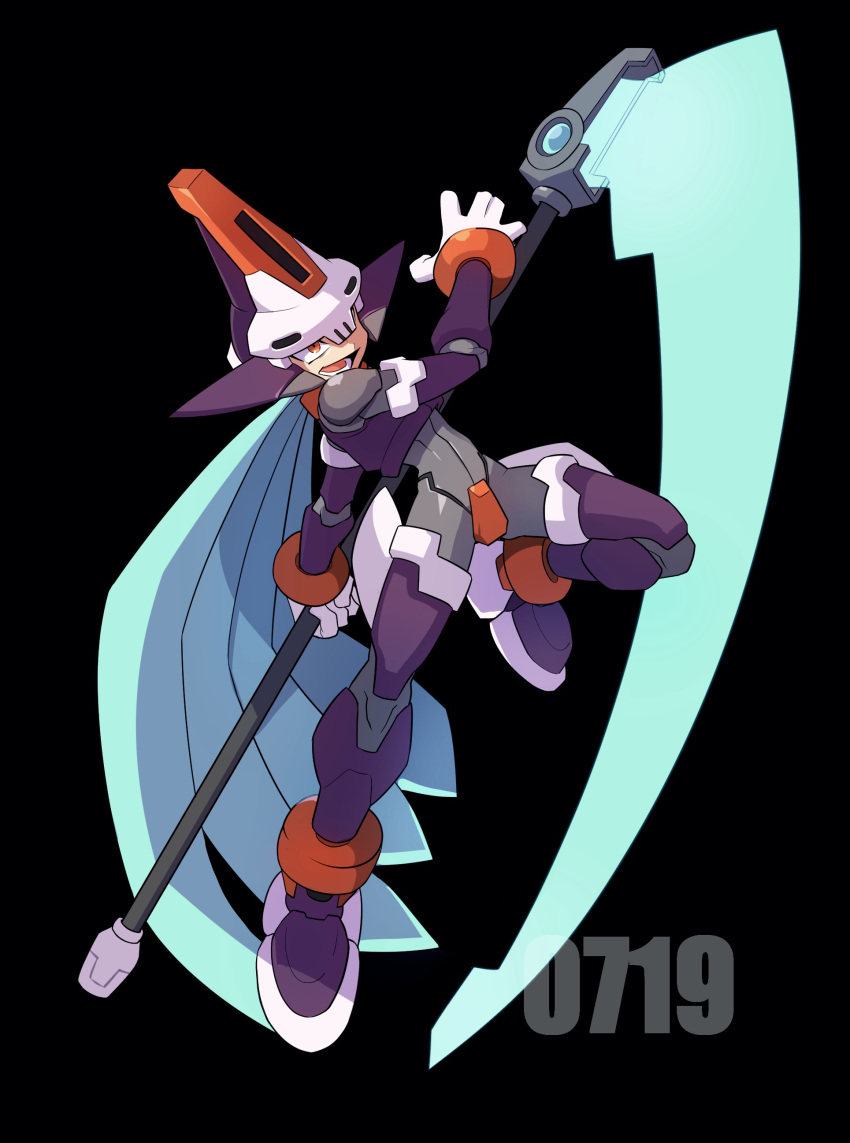 1boy, absurdres, armor, black_background, blue_hair, crop_top, dated, energy_blade