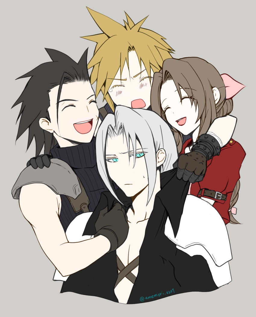 1girl, 3boys, aerith_gainsborough, amemori_0207, aqua_eyes, arm_around_neck, armor, black_hair, black_jacket, blonde_hair, blush, braid, braided_ponytail, brown_hair, chest_strap, closed_eyes, closed_mouth, cloud_strife, cropped_torso, crying, final_fantasy, final_fantasy_vii, final_fantasy_vii_remake, grey_background, grey_hair, group_hug, hair_slicked_back, hand_on_another's_shoulder, highres, hug, jacket, long_hair, multiple_boys, open_mouth, pale_skin, parted_bangs, pink_ribbon, red_jacket, ribbon, sephiroth, short_hair, short_sleeves, shoulder_armor, sidelocks, sleeveless, sleeveless_turtleneck, smile, spiky_hair, sweatdrop, tears, turtleneck, twitter_username, upper_body, zack_fair