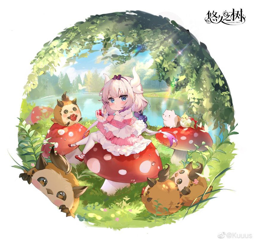 1girl, apple, black_bow, black_hairband, bow, capelet, child, chinese_commentary, collar, collared_capelet, colored_tips, commentary_request, copyright_name, day, dragon_horns, dress, food, frilled_dress, frilled_sleeves, frills, from_side, fruit, full_body, fur_collar, grass, hair_bobbles, hair_bow, hair_ornament, hairband, highres, holding, holding_food, holding_fruit, horns, kanna_kamui, kobayashi-san_chi_no_maidragon, kuuus, leg_ribbon, long_hair, long_sleeves, looking_at_viewer, low_twintails, multicolored_hair, outdoors, pantyhose, pink_dress, pink_sleeves, purple_hair, red_footwear, red_ribbon, ribbon, river, shoes, short_dress, simple_background, sitting_on_mushroom, sleeves_past_wrists, solo, tree, twintails, very_long_hair, weibo_logo, weibo_username, white_background, white_capelet, white_collar, white_hair, white_horns, white_pantyhose