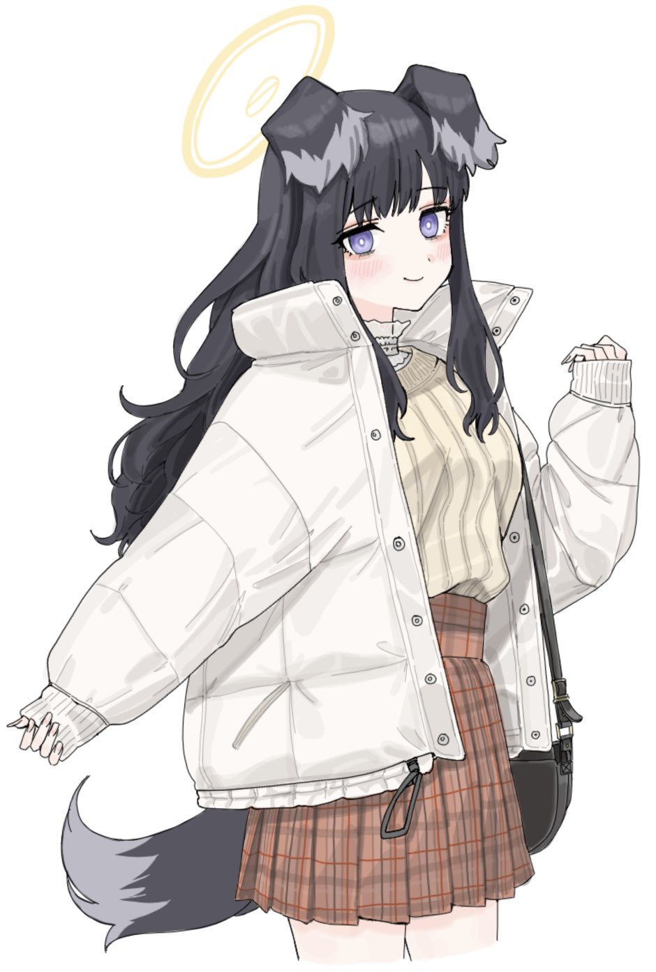 1girl, alternate_costume, animal_ears, bag, black_hair, blue_archive, blush, breasts
