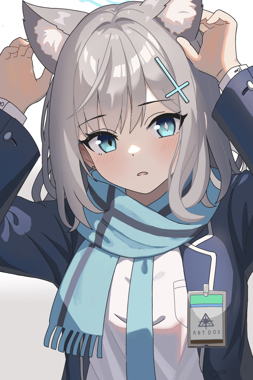 1girl, absurdres, animal_ear_fluff, animal_ears, arms_up, blue_archive, blue_eyes, blue_halo, blue_jacket, blue_necktie, blue_scarf, blush, commentary, cross_hair_ornament, diamond-shaped_pupils, diamond_(shape), facing_viewer, grey_background, grey_hair, guoranchi, hair_ornament, halo, highres, jacket, long_sleeves, looking_ahead, medium_hair, mismatched_pupils, necktie, parted_lips, scarf, school_uniform, shiroko_(blue_archive), shirt, simple_background, solo, symbol-shaped_pupils, upper_body, white_shirt, wolf_ears