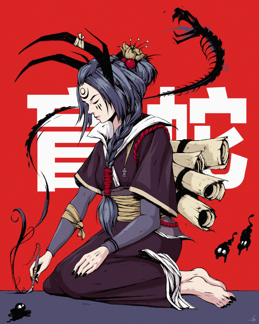 1girl, absurdres, akramness, black_nails, braid, bug, centipede, closed_eyes