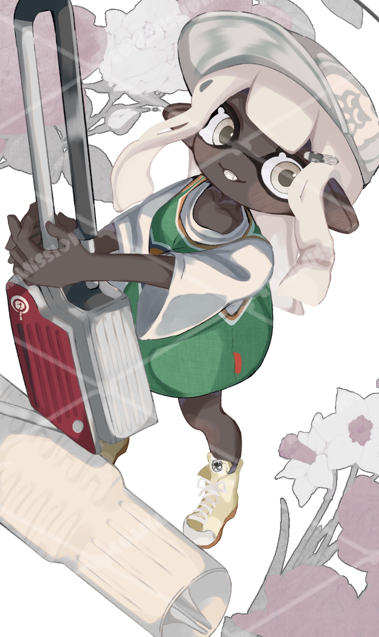 1girl, baseball_cap, commentary_request, dark-skinned_female, dark_skin, flingza_roller_(splatoon), green_shirt, hat