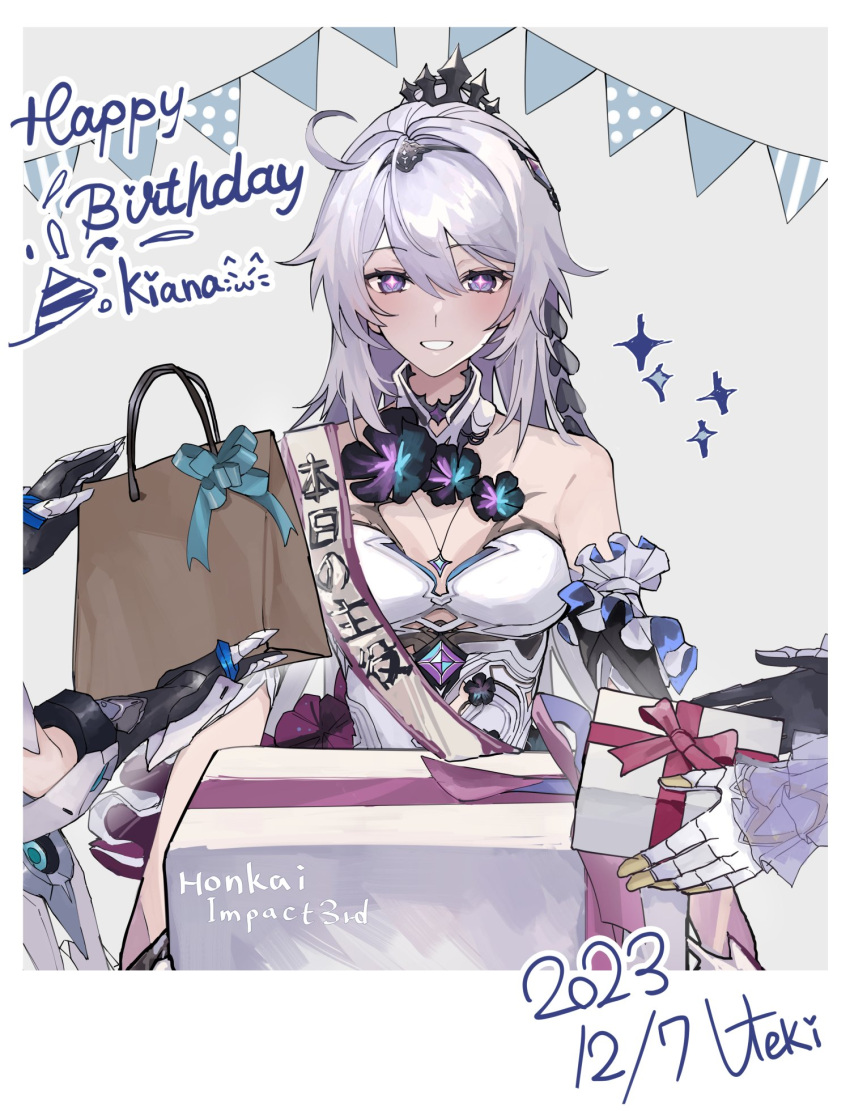 3girls, ahoge, armor, bag, bare_shoulders, black_flower, box, bronya_zaychik, bronya_zaychik_(herrscher_of_truth), crown, dated, english_commentary, flower, gift, gift_box, happy_birthday, highres, holding, holding_box, honkai_(series), honkai_impact_3rd, kiana_kaslana, kiana_kaslana_(herrscher_of_finality), long_hair, looking_at_viewer, multiple_girls, raiden_mei, raiden_mei_(herrscher_of_origin), signature, simple_background, smile, solo_focus, star_(symbol), translation_request, utekikuore