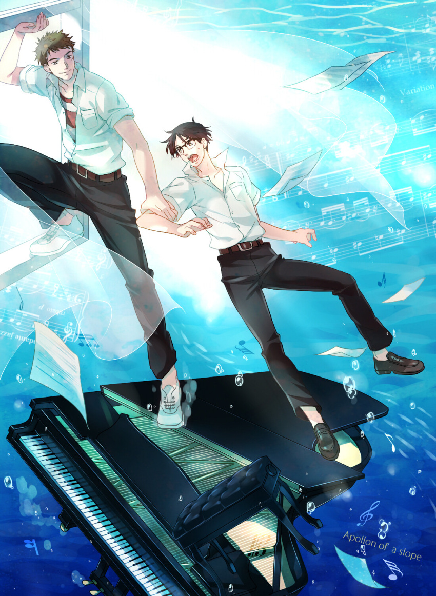 2boys, air_bubble, arm_grab, bad_id, bad_tumblr_id, belt, black_footwear, black_hair