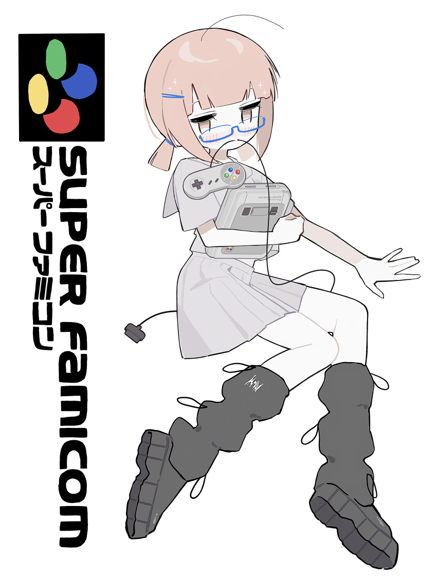 1girl, absurdres, ahoge, black_footwear, black_leg_warmers, blue-framed_eyewear, blunt_bangs, blush
