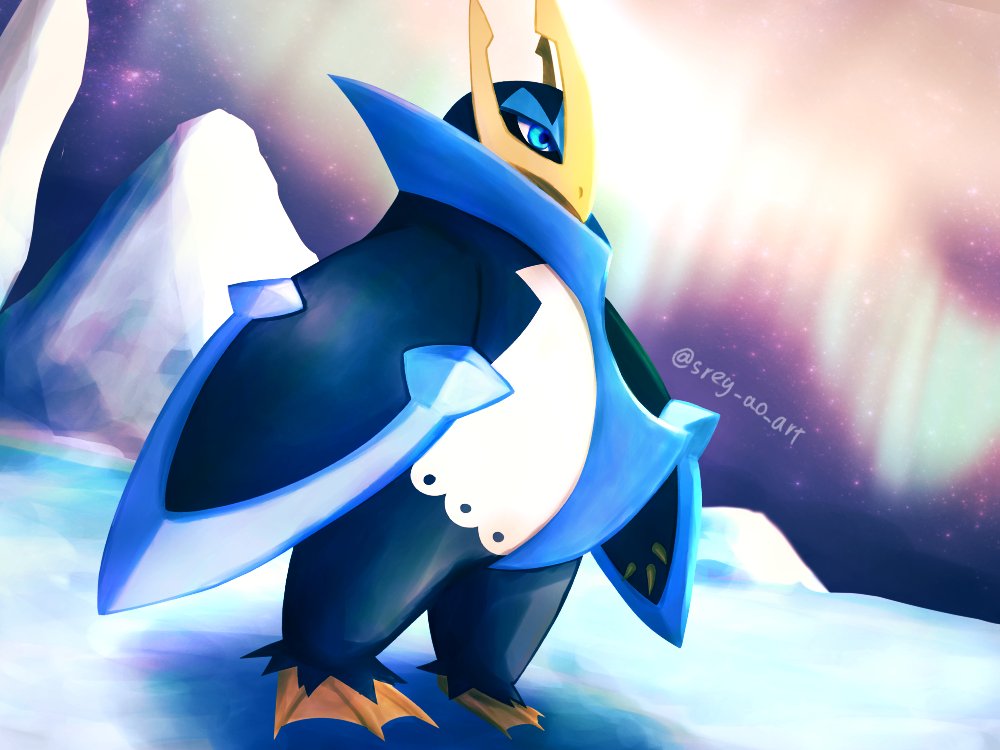 animal_focus, artist_name, aurora, bird, blue_eyes, commentary_request, empoleon, fins