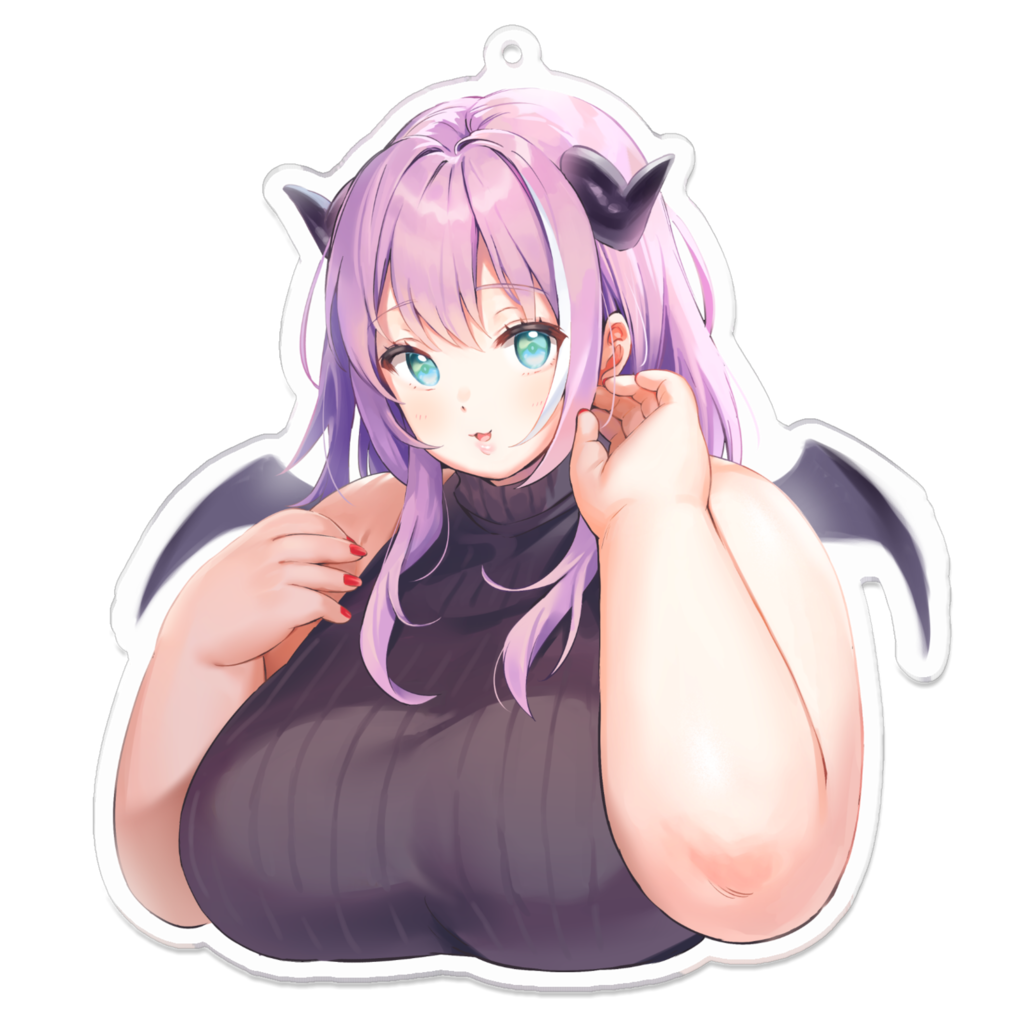 1girl, agano_mai, aqua_eyes, artist_request, breasts, commentary_request, dot_nose, fat, hair_between_eyes, horns, huge_breasts, indie_virtual_youtuber, long_hair, looking_at_viewer, mini_wings, parted_lips, purple_hair, ribbed_sweater, sleeveless, solo, sweater, thick_arms, turtleneck, turtleneck_sweater, upper_body, virtual_youtuber, wings