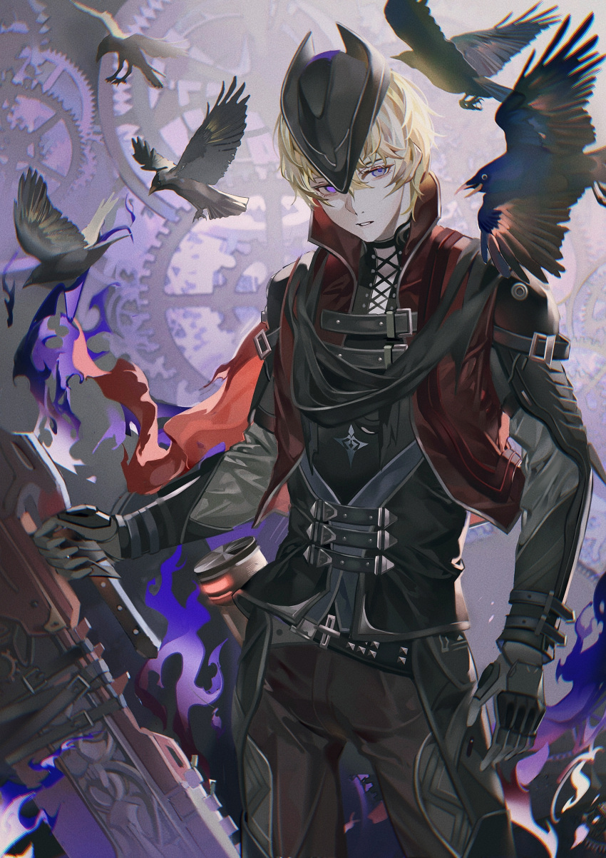 1boy, absurdres, arm_armor, belt, bird, black_belt, black_bird, black_cape