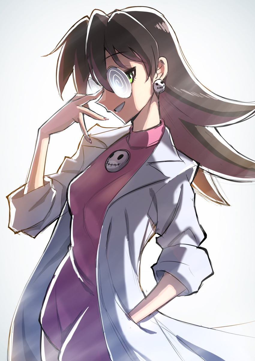 1girl, adjusting_eyewear, brown_hair, coat, coke-bottle_glasses, dress, fingernails, glasses