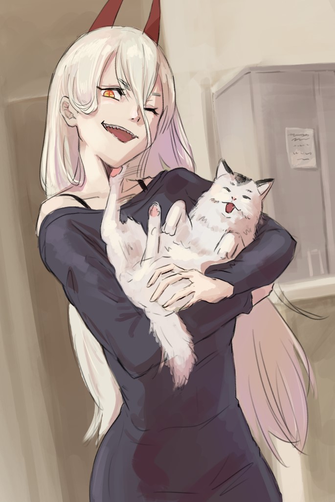 1girl, 200-ko_no_chikara, ;p, animal_hug, black_dress, blonde_hair, bra_strap, cat, chainsaw_man, cross-shaped_pupils, demon_girl, demon_horns, dress, horns, indoors, long_hair, meowy_(chainsaw_man), one_eye_closed, power_(chainsaw_man), red_horns, sharp_teeth, solo, symbol-shaped_pupils, teeth, tongue, tongue_out