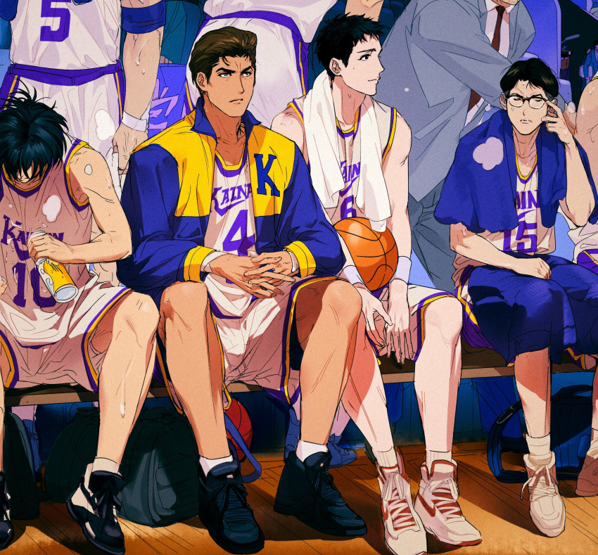 4boys, absurdres, adjusting_eyewear, ball, basketball_(object), basketball_court, basketball_jersey, basketball_uniform, bench, black_bag, black_footwear, black_hair, blue_towel, brown_hair, closed_eyes, closed_mouth, crowd, dark-skinned_male, dark_skin, flu70579711, highres, holding, holding_ball, indoors, jacket, jin_souichirou, kiyota_nobunaga, looking_ahead, maki_shin'ichi, male_focus, miyamasu_yoshinori, mole, mole_under_eye, multicolored_clothes, multicolored_jacket, multiple_boys, open_clothes, open_jacket, own_hands_clasped, own_hands_together, shoes, shorts, sigh, sitting, slam_dunk_(series), smile, sneakers, socks, sportswear, sweat, tank_top, toned, toned_male, towel, towel_around_neck, two-tone_jacket, undercut, white_footwear, white_shorts, white_socks, white_tank_top, white_towel, white_wristband