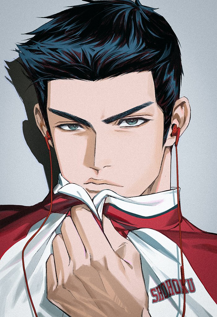 14ho_sd, 1boy, black_eyes, black_hair, close-up, closed_mouth, drop_shadow, earphones