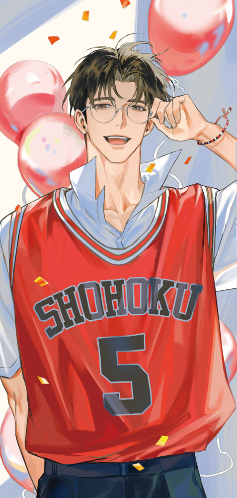 14ho_sd, 1boy, :d, adjusting_eyewear, balloon, basketball_jersey, basketball_uniform, bishounen
