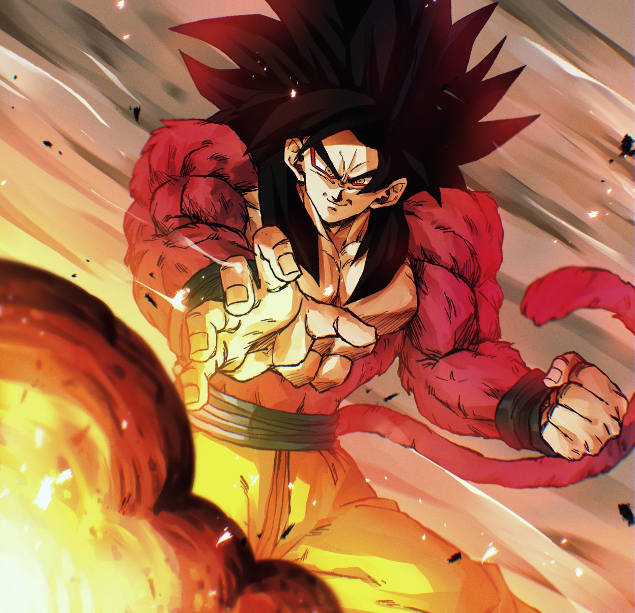 1boy, biceps, black_hair, blue_sash, body_fur, closed_mouth, dragon_ball, dragon_ball_gt, hashagu, highres, long_hair, looking_at_viewer, male_focus, monkey_boy, monkey_tail, muscular, muscular_male, no_nipples, pants, pectorals, red_fur, saiyan, sash, smile, solo, son_goku, spiky_hair, super_saiyan, super_saiyan_4, tail, yellow_pants