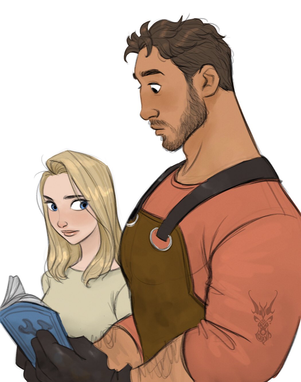 1boy, 1girl, adam's_apple, alice_(coral_island), arm_hair, beard_stubble, black_gloves, blonde_hair