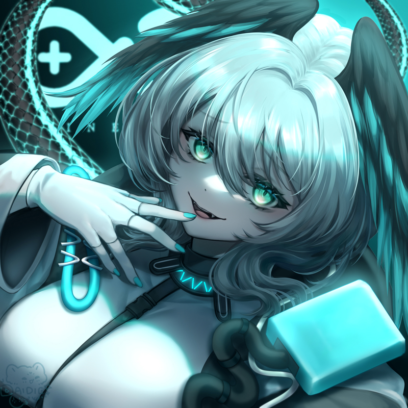 1girl, arknights, black_feathers, blue_feathers, blue_wings, breasts, commentary_request, dai_die