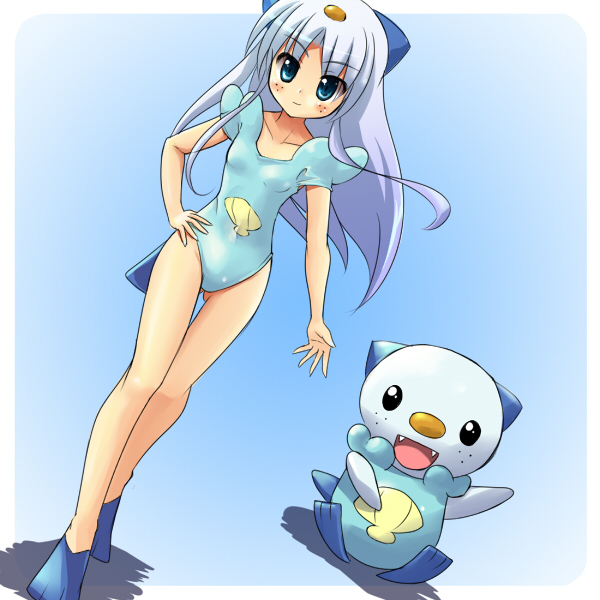 1girl, casual_one-piece_swimsuit, female, flippers, freckles, hand_on_hip, moemon, one-piece_swimsuit