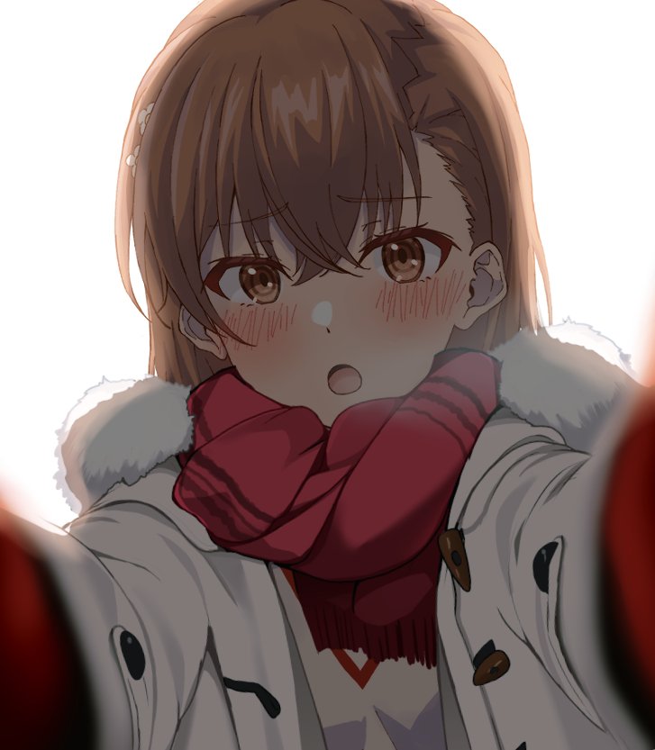 1girl, :o, blurry, blurry_foreground, blush, breath, brown_eyes, brown_hair, brown_sweater_vest, close-up, coat, cold, commentary, depth_of_field, duffel_coat, fur-trimmed_coat, fur-trimmed_hood, fur_trim, hair_between_eyes, hair_ornament, hairclip, halya_meri, hood, hood_down, looking_at_viewer, misaka_mikoto, mittens, open_clothes, open_coat, open_mouth, portrait, raised_eyebrows, reaching, reaching_towards_viewer, red_mittens, red_scarf, scarf, simple_background, solo, sweater_vest, toaru_kagaku_no_railgun, toaru_majutsu_no_index, toggles, white_background, winter_clothes, winter_coat