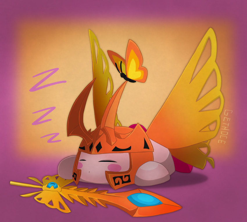 bug, butterfly, closed_eyes, closed_mouth, commentary_request, copy_ability, gethoce, highres, kirby, kirby_(series), kirby_and_the_forgotten_land, morpho_knight, morpho_knight_(butterfly), morpho_knight_(cosplay), morpho_knight_sword_kirby, sleeping