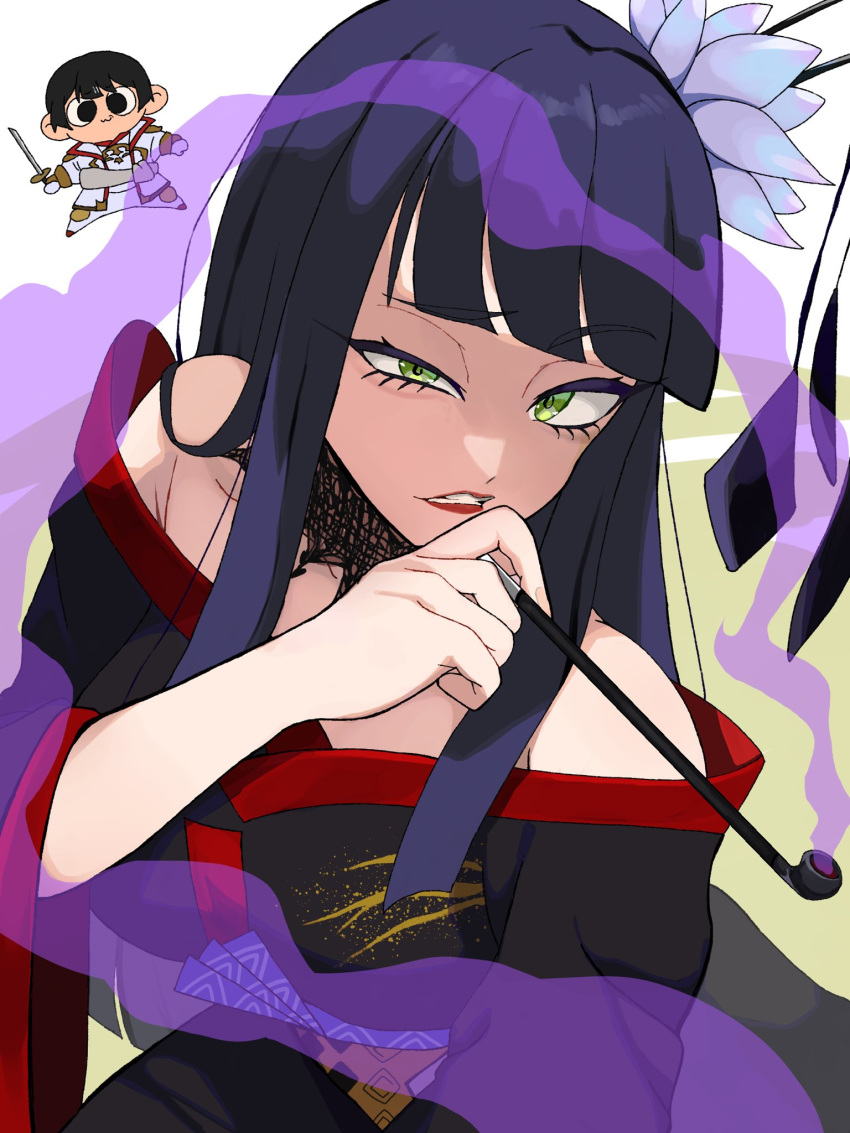 1girl, asahi_sas_brutus, bare_shoulders, black_collar, black_hair, black_kimono, blunt_bangs, blunt_ends, chibi, chibi_inset, clenched_teeth, collar, final_fantasy, final_fantasy_xiv, flower, from_above, glaa_da, green_eyes, hair_flower, hair_ornament, hair_stick, hand_up, highres, holding, holding_smoking_pipe, hyur, japanese_clothes, kimono, kiseru, lace_collar, long_hair, looking_at_viewer, obi, obiage, off_shoulder, parted_lips, red_lips, red_trim, sash, sidelocks, simple_background, smoke, smoking_pipe, solo, squinting, straight_hair, teeth, two-tone_background, uneven_eyes, upper_body, white_background, white_flower, yotsuyu_goe_brutus