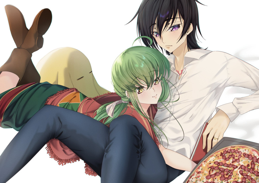 1boy, 1girl, alternate_costume, alternate_hairstyle, black_footwear, black_hair, blush, book