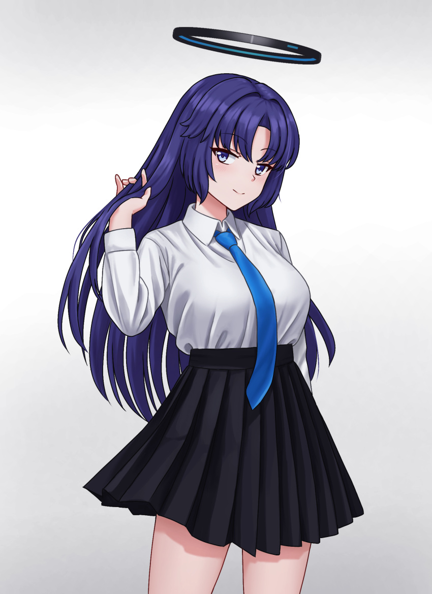 1girl, alternate_hairstyle, blue_archive, blush, closed_mouth, durian12, highres, long_hair, looking_at_viewer, purple_hair, smile, solo, violet_eyes, yuuka_(blue_archive)
