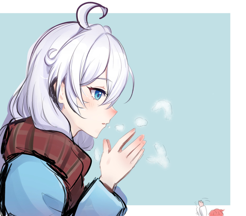 1girl, ahoge, antenna_hair, blue_background, blue_eyes, blue_jacket, highres, honkai_(series)