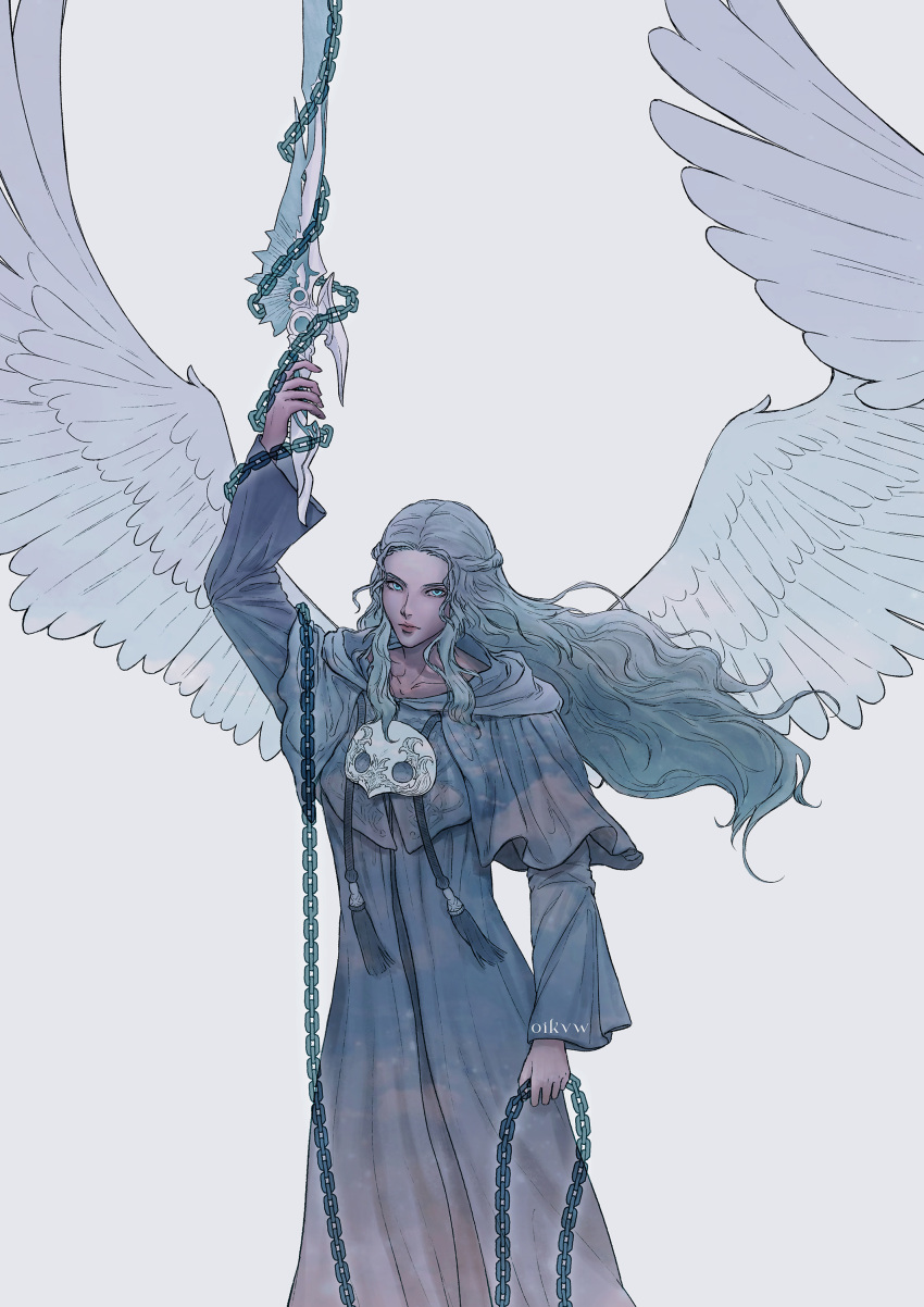 1girl, absurdres, angel_wings, arm_at_side, arm_up, artist_name, blue_eyes, braid