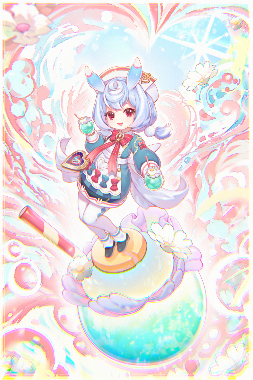 1girl, aku_maborosi, black_footwear, blue_bow, bow, bowtie, drink, drinking_straw, flower, genshin_impact, hair_ornament, hat, highres, holding, holding_drink, looking_at_viewer, low_twintails, pom_pom_(clothes), pom_pom_hair_ornament, purple_hair, red_bow, red_bowtie, red_eyes, sigewinne_(genshin_impact), solo, standing, twintails, white_flower, white_headwear