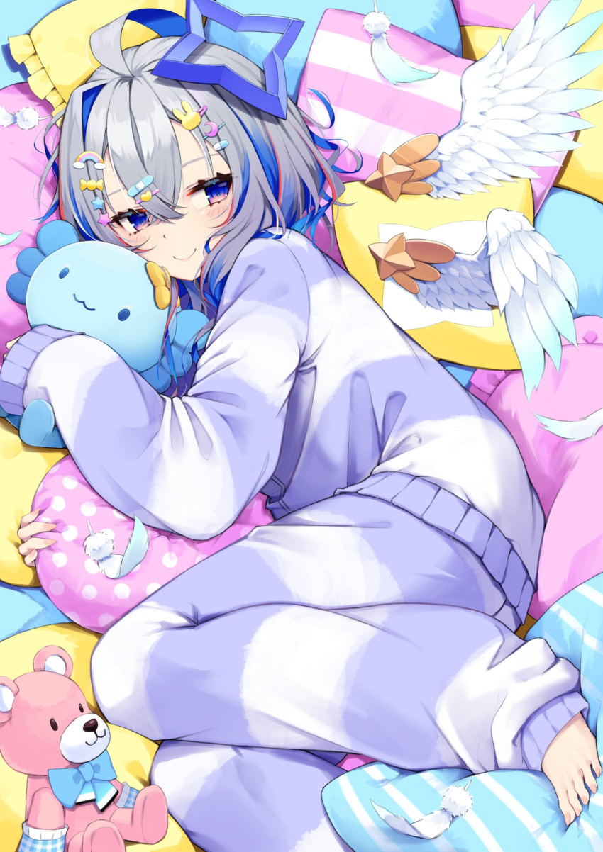 1girl, :3, amane_kanata, angel, angel_wings, axolotl, barefoot, blue_eyes