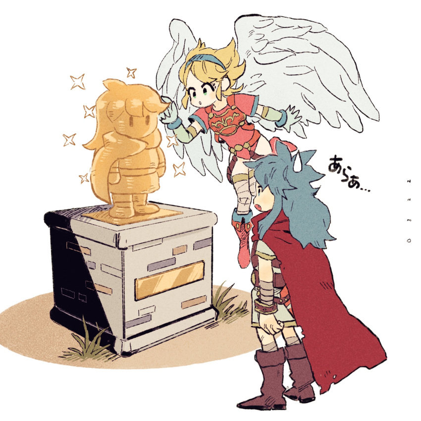 1boy, 1girl, 25mark_n, angel_wings, armor, blonde_hair, blue_hair, boots, breath_of_fire, breath_of_fire_i, cape, elbow_gloves, feathered_wings, full_body, gloves, highres, knee_boots, leotard, nina_(breath_of_fire_i), open_mouth, red_cape, red_leotard, ryuu_(breath_of_fire_i), short_hair, simple_background, statue, thigh-highs, white_background, white_wings, wings