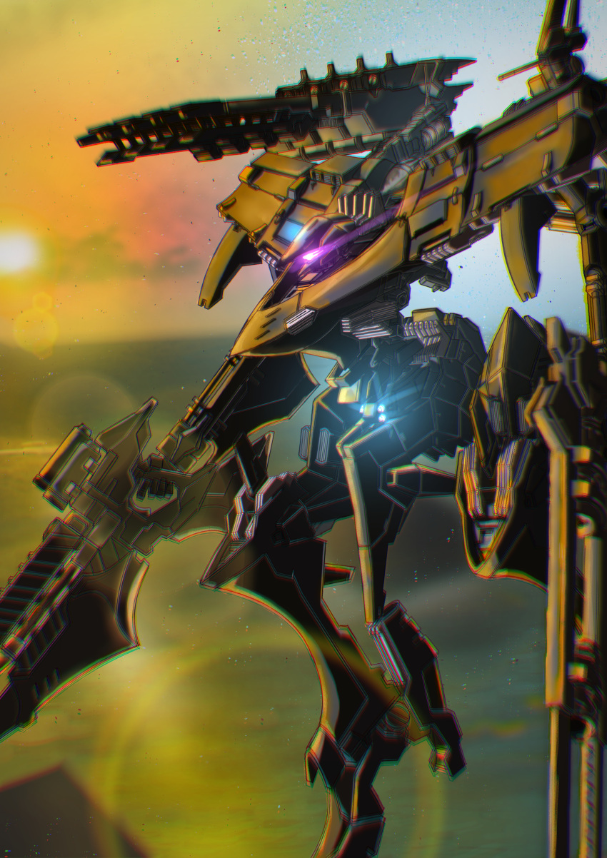 absurdres, armored_core, chromatic_aberration, clouds, commentary_request, debris, dual_wielding, feet_out_of_frame, glowing, glowing_eyes, gun, highres, holding, holding_gun, holding_weapon, horizon, lens_flare, mecha, nnu_(vhym4275), no_humans, one-eyed, robot, shoulder_cannon, solo, sun, sunset, thrusters, violet_eyes, weapon