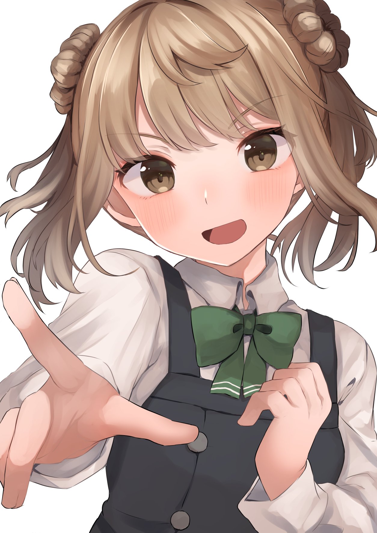 1girl, black_dress, bow, bowtie, brown_eyes, collared_shirt, double_bun, dress