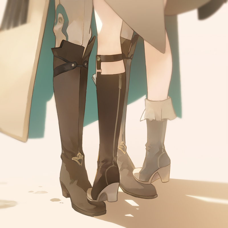 1boy, 1girl, asymmetrical_footwear, black_footwear, boots, cape, honkai:_star_rail, honkai_(series), knee_boots, limboooo, luocha_(honkai:_star_rail), mismatched_footwear, shadow, standing_on_another's_feet, sushang_(honkai:_star_rail), tagme