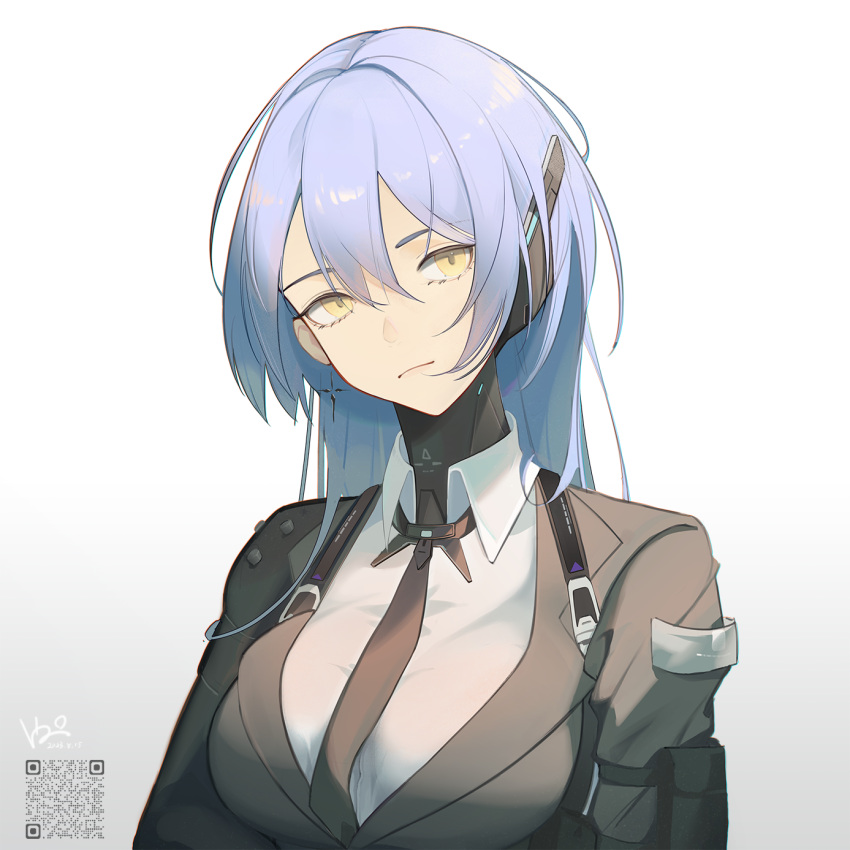 1girl, black_jacket, black_necktie, blue_hair, breasts, chest_harness, chiko_(punishing:_gray_raven), chinese_commentary, collared_shirt, commentary, commission, cross, cross_earrings, earpiece, earrings, gradient_background, hair_between_eyes, hair_intakes, harness, head_tilt, highres, jacket, jewelry, jijing_zishui, lapels, looking_at_viewer, medium_breasts, necktie, notched_lapels, punishing:_gray_raven, qr_code, shirt, shoulder_pouch, signature, simple_background, single_earring, single_shoulder_pad, solo, suit_jacket, upper_body, white_shirt, yellow_eyes