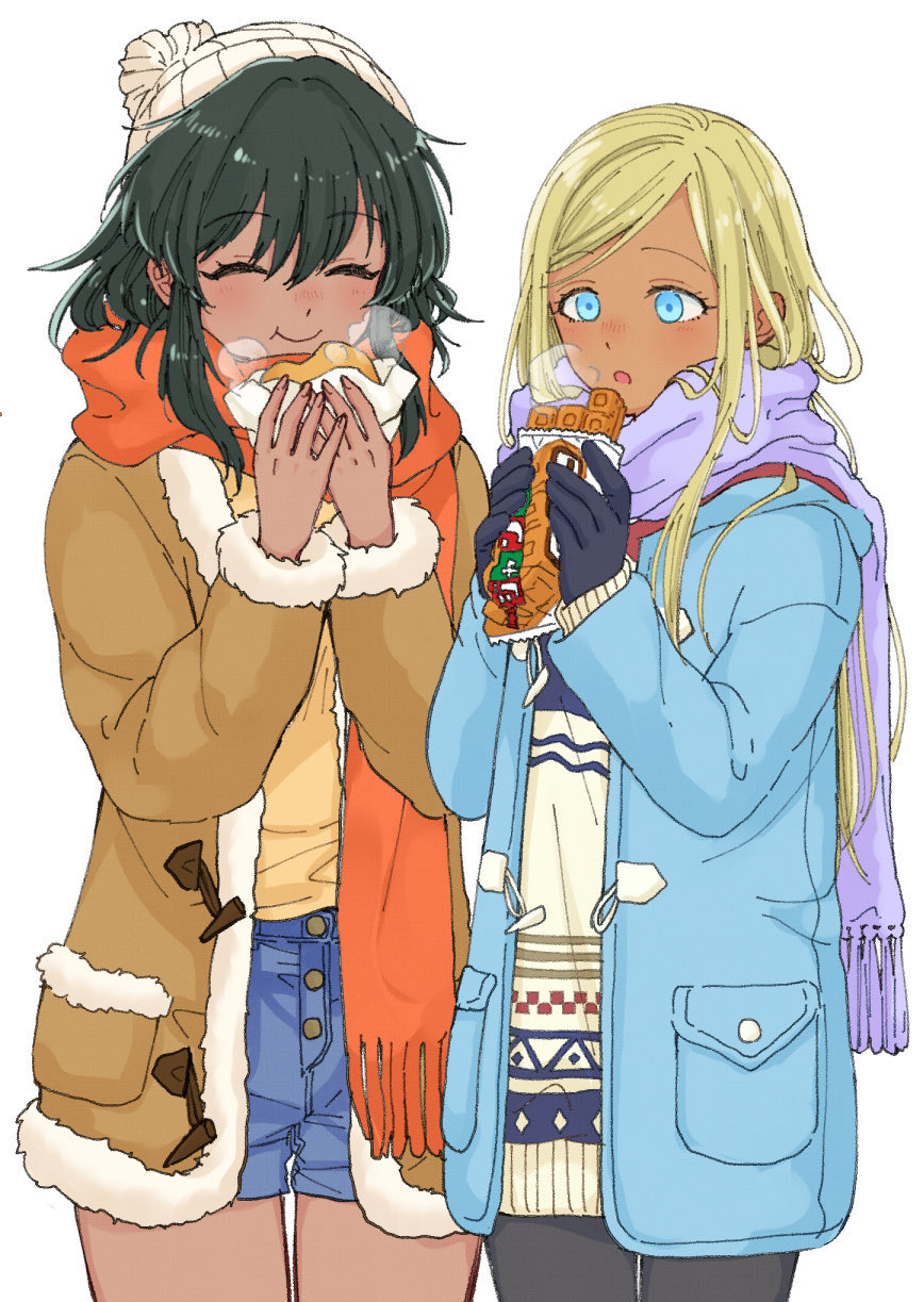 2girls, alternate_costume, beanie, bintaptyo, black_gloves, black_hair, blonde_hair, blue_coat, blue_eyes, blush, bread, breath, brown_coat, bun_(food), buttons, closed_eyes, closed_mouth, coat, commentary, cowboy_shot, dark-skinned_female, dark_skin, denim, denim_shorts, ear_blush, eating, enpera, food, food_in_mouth, fur_coat, fur_trim, gloves, hair_between_eyes, hands_up, hat, highres, holding, holding_food, ice_cream, ice_cream_sandwich, idolmaster, idolmaster_cinderella_girls, layla_(idolmaster), light_blush, long_hair, long_sleeves, looking_at_food, medium_hair, multicolored_sweater, multiple_girls, natalia_(idolmaster), nose_blush, open_clothes, open_coat, open_mouth, pocket, pom_pom_(clothes), pom_pom_beanie, purple_scarf, red_scarf, scarf, shirt, shorts, sidelocks, simple_background, smile, sol_qamar_(idolmaster), standing, straight-on, straight_hair, sweater, swept_bangs, thighs, white_background, white_headwear, winter_clothes, wrapper, yellow_shirt